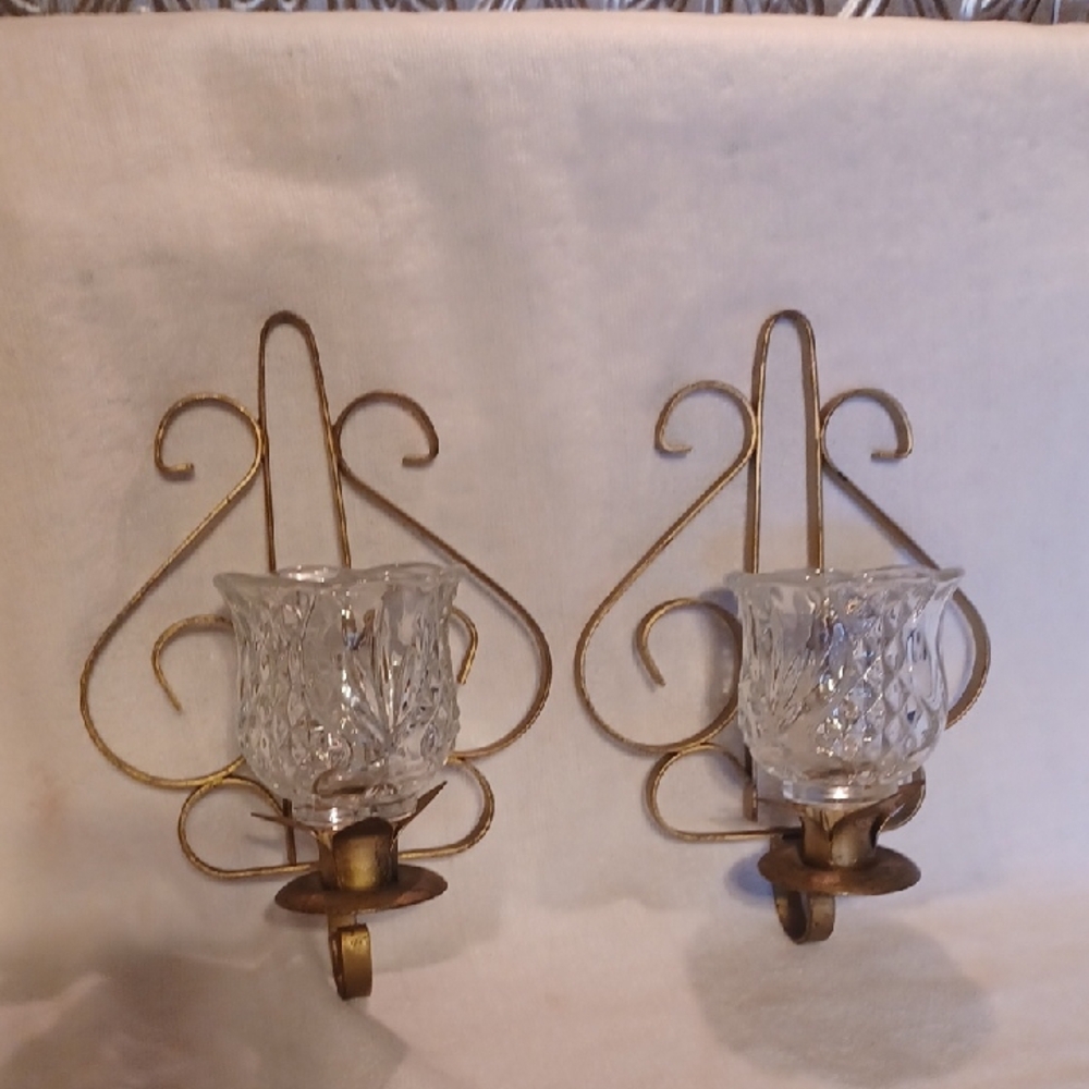 Vintage Gold Candle Wall Sconces with Glass Holders